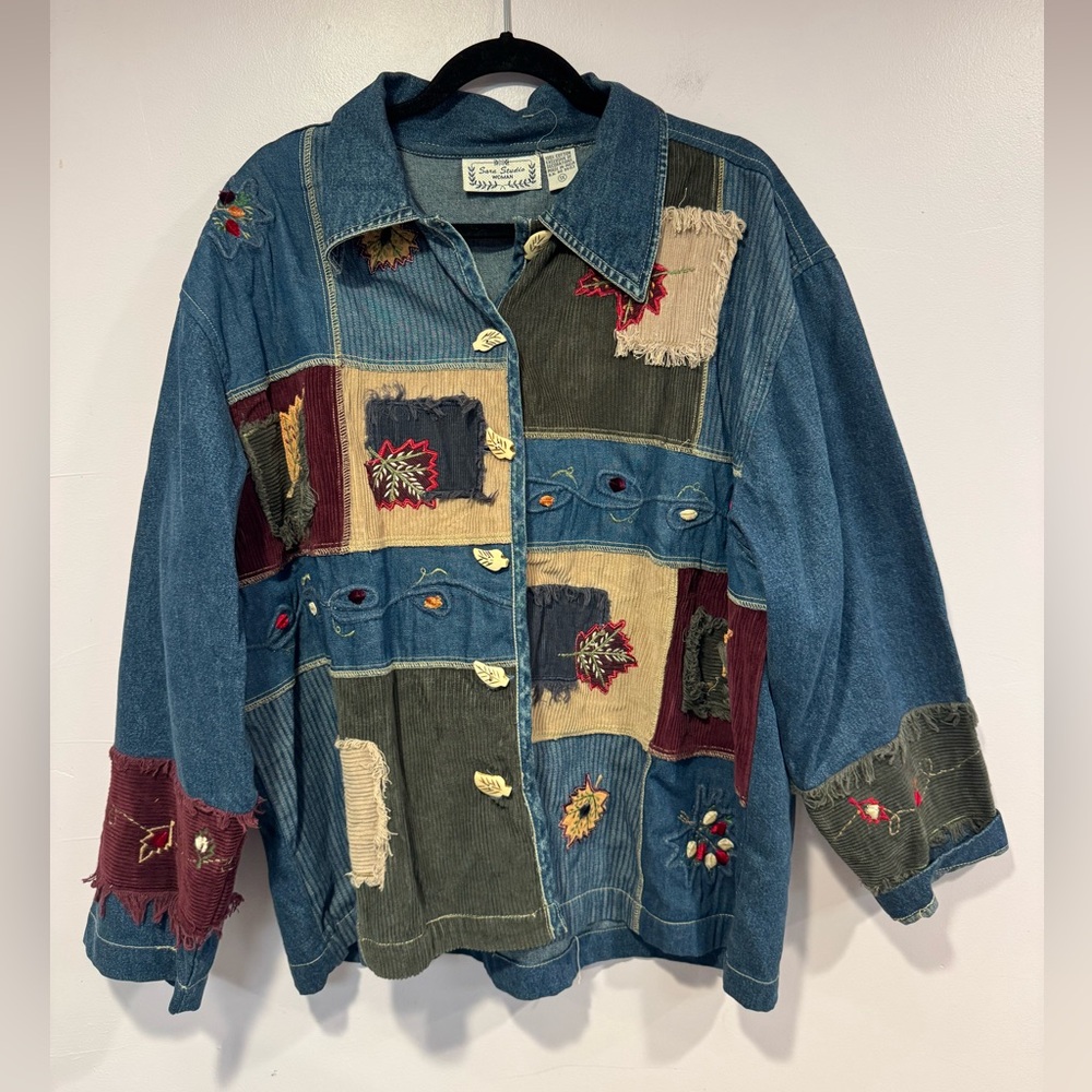 Sara Studio Women fall vintage patchwork button up denim long sleeve‎